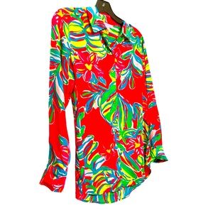 LILLY PULITZER Isla 100% Silk Pomegranate Ty Jungle Blouse Sz:XS (OVERSIZED)
